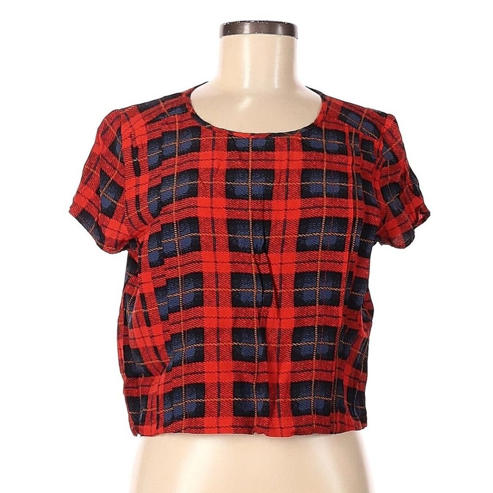 NWT Red Tartan Plaid Pleated Short Sleeve Crop Top | Size S